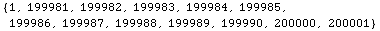 {1, 199981, 199982, 199983, 199984, 199985, 199986, 199987, 199988, 199989, 199990, 200000, 200001}