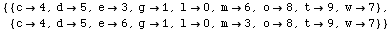 {{c4, d5, e3, g1, l0, m6, o8, t ... , d5, e6, g1, l0, m3, o8, t9, w7}}